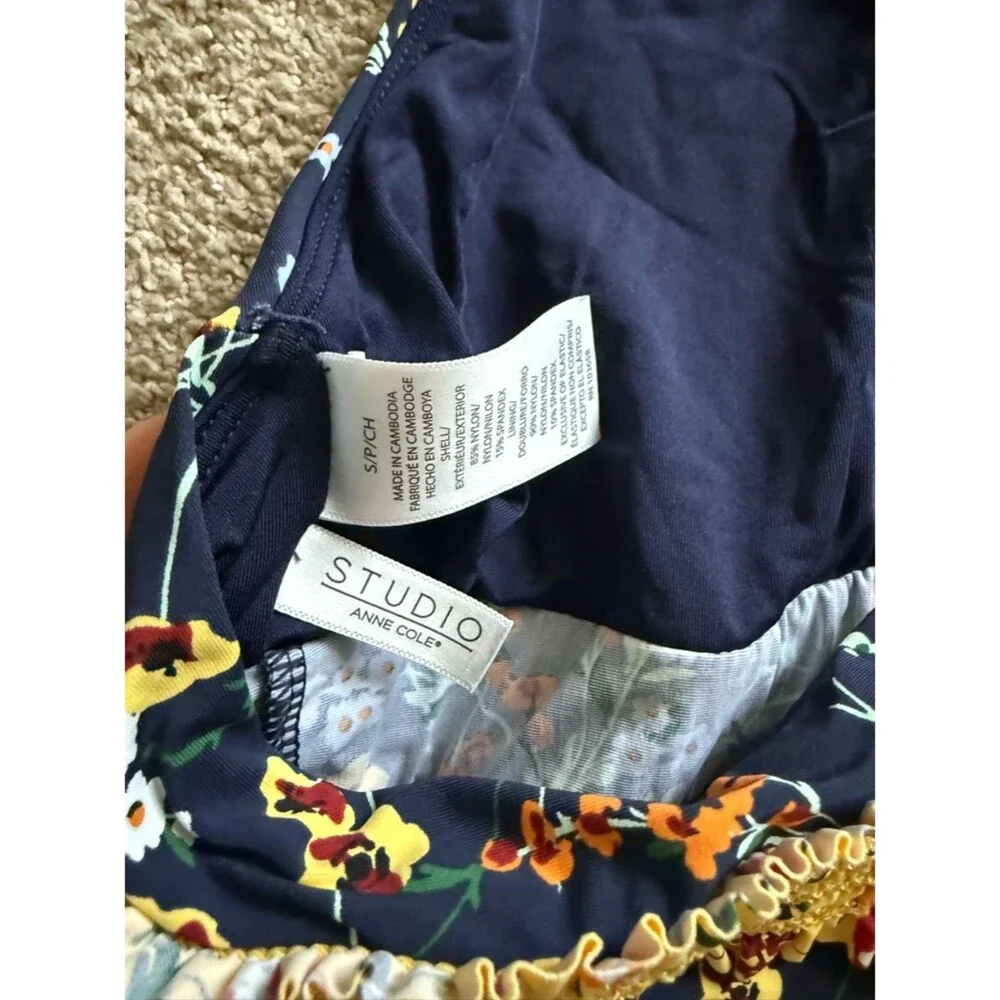 Anne Cole Navy Floral Halter Tankini Top with Yellow Smocked Waist Detail Size S